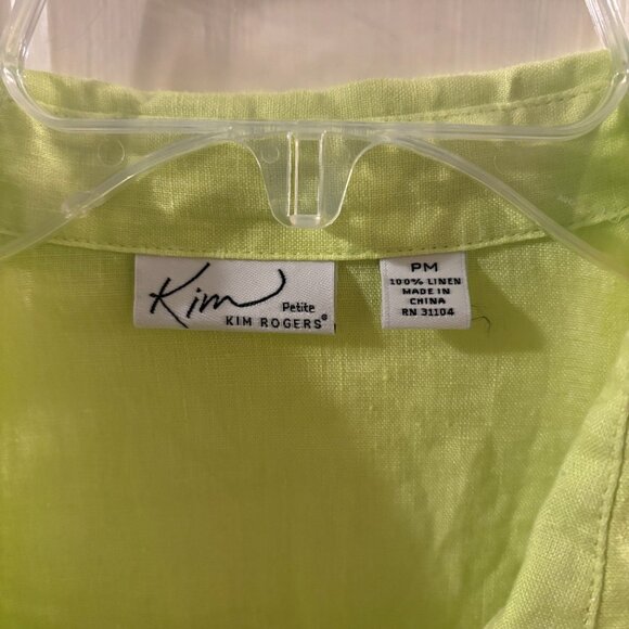 Kim Rogers Women's Neon Lime Yellow 100% Linen Button-Up Long Sleeve Shirt - PM - Picture 3 of 5